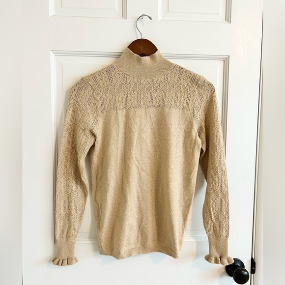 Loft gold shimmer long sleeve ruffle mock neck sweater knit size XS - Picture 1 of 5